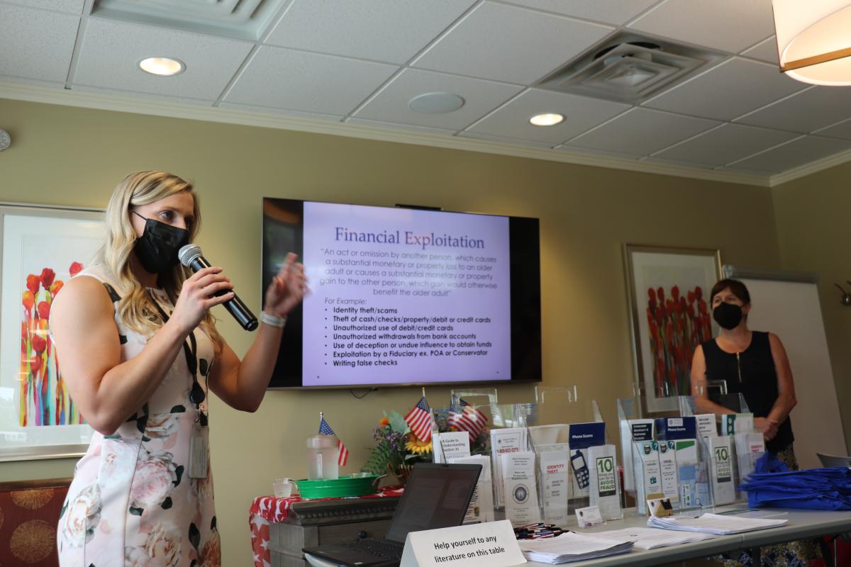 Northwestern District Attorney's staff presenting on financial scams and elder abuse in July, 2022.